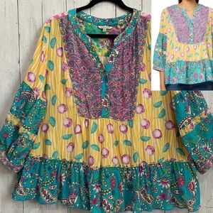John Mark Womens  XL Floral Paisley Patchwork Yellow Teal Boho Tunic Top NWT